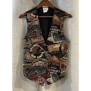 Vtg Denim Republic Vest Jacket Womens Medium Made In USA Travel Tourism Pattern